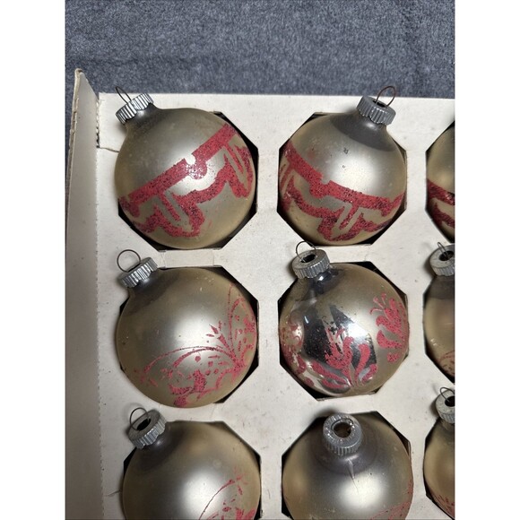 Vtg Shiny Brite Glass Ornaments Box 12 Stencil Glitter Solid Xmas USA READ - Picture 2 of 10
